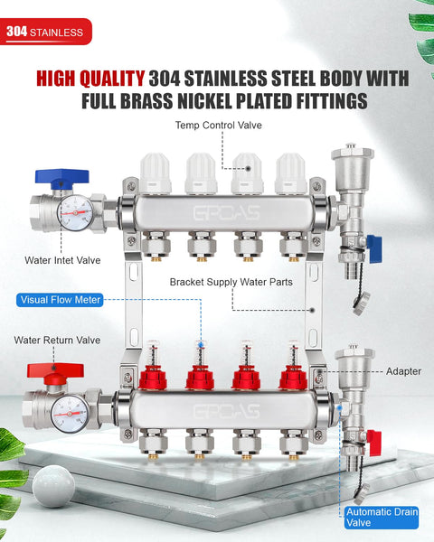 4-Branch PEX Radiant Floor Heating Manifold Kit With 4 Loops For Hydronic Warmth, Stainless Steel Construction, 1/2 Inch PEX Tubing.