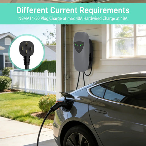 Portable 40 Amp NEMA 14 50 EV Charger With 9.6 kW Fast Charging, 25 Ft Cable, J1772 240V Wall Charger, grey, charging car