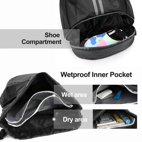 Drawstring Sports Gym Backpack With Wet Dry Separation, Shoes Compartment, Water-Resistant Material, Lightweight Swim Bag for storage