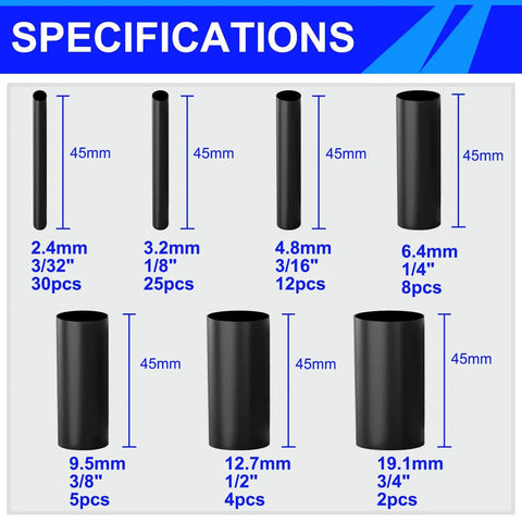 Specifications of heat shrink tubing from the 252 Piece Heat Shrink Solder Seal Wire Connectors Kit with various sizes shown.