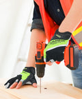 Person using a drill with Open Finger Framer Work Gloves For Carpenters And Tactical Use, wearing bright orange safety vest.