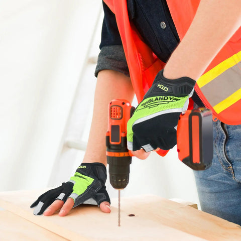 Person using a drill with Open Finger Framer Work Gloves For Carpenters And Tactical Use, wearing bright orange safety vest.
