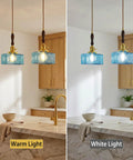 BBLLWJ 1-Pack Vintage Pendant Light for Kitchen Island with warm and white light options in blue rectangular hammered glass.