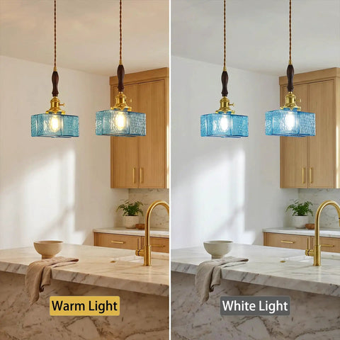 BBLLWJ 1-Pack Vintage Pendant Light for Kitchen Island with warm and white light options in blue rectangular hammered glass.