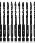 Ten 1/4-inch masonry drill bits with tungsten carbide tips, 10-piece set, front view