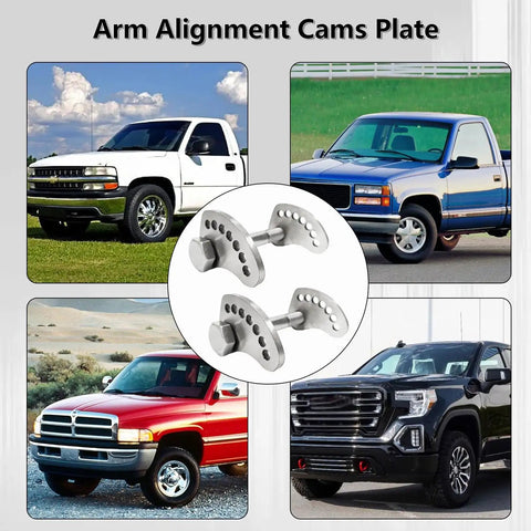 Upper Arm Caster Bolt Kit For Chevy Silverado And Gmc Sierra 1500 2500 3500 Trucks Suspension Hardware Adjustable Camber Parts two pack displayed with various trucks.