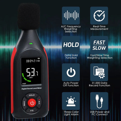 Portable Decibel Meter Data Logger With USB Export, Graph Printing, And A Weighted Sound Level Monitoring For Noise Control At Home Or Work, Fast Slow Response, Max Hold, 3 Color Alarm, Ideal For Noisy Neighbor And Factory Noise, handheld digital sound level meter