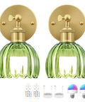 Vintage Wireless Rechargeable Led Wall Sconce Set Of Two Featuring Remote Dimmable Switch And Sleek Gold Finished Green Tulip Glass Shade For Bedroom Living Room. Two green tulip glass shades with gold fixtures.