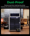 K1 SE And K2 SE 3D Printer Enclosure with transparent black cover preventing dust entry, shown in a home studio setting.