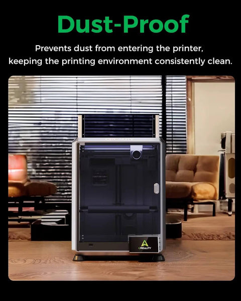K1 SE And K2 SE 3D Printer Enclosure with transparent black cover preventing dust entry, shown in a home studio setting.