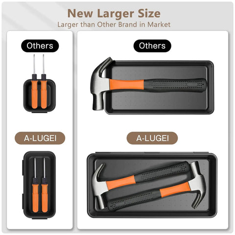 Comparison of 69 Piece Tool Box Organizer Tray Divider Set Black Five Sizes Desk Drawer Bin and another brand with tools inside.