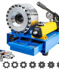 Badass Hydraulic Hose Crimping Machine With Magnetic Quick Swap Molds And Hella Durable Alloy Steel Frame, featuring pressure gauge and die storage.