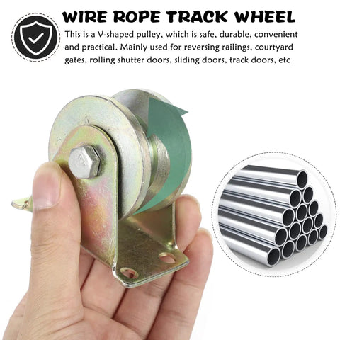 Four Piece Heavy Steel V Groove Caster Wheels For Sliding Gates And Store Doors With Precision Machined Pulley Block, V-shaped pulley in hand.