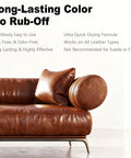 Dark Brown Leather Repair Kit With Recoloring Balm And Dye For Scratches Fading And Aging On Couches Seats Boots And Leather Furniture Restore Like New on leather sofa with text details.