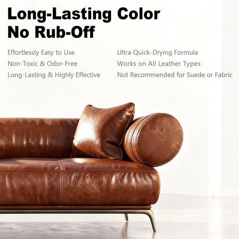 Medium Brown Leather Repair Kit And Recoloring Balm That Blends On Quick to mask scuffs on a stylish leather sofa.