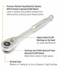 Chrome three eighths inch drive 90-tooth quick release teardrop ratchet with precision engineered ball detent, side view.