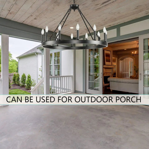 Top Tier 32 Inch Black Wagon Wheel Chandelier With 12 Lights Sleek Round Farmhouse Industrial Ceiling Light Fixture Easy Mount For High Ceilings Living Dining And Foyer in outdoor porch setting.