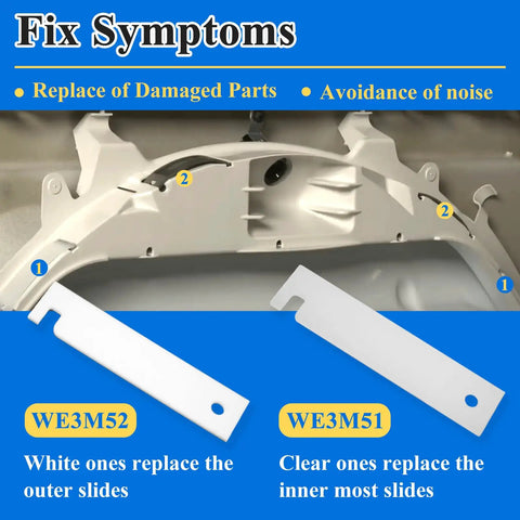 Four Pack Dryer Drum Bearing Slides Kit With Teflon And Nylon Glide Replacements For Smooth Quiet Clothes Dryer Drum Movement WE3M51 WE3M52 Compatible Today displaying installation parts and glide replacements