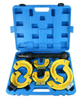 MacPherson Strut Spring Compressor Kit with interchangeable fork attachments in a blue case, shown open.