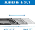 Under Desk Pencil Drawer With Ball Bearing Slide-Out Organizer For Office Supplies Paper And Pencils, 21.25 Inch Wide, Extends 16.25 To 28 Inches, Fits Desks Over 1 Inch Thick, Game-Changing And Durable showcasing sliding feature with min 16.25 and max 28 inches measurement guide image.
