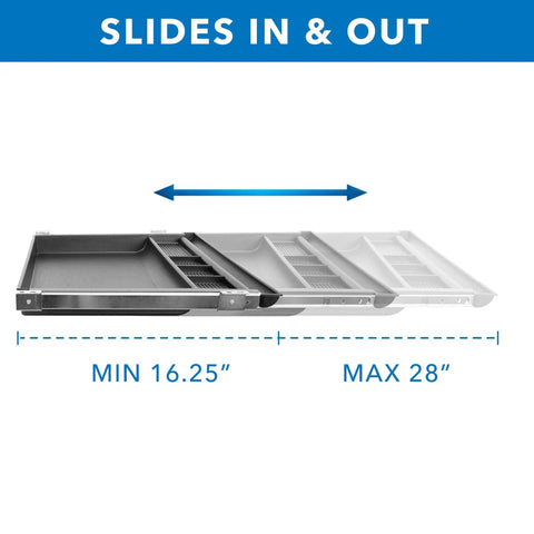 Under Desk Pencil Drawer With Ball Bearing Slide-Out Organizer For Office Supplies Paper And Pencils, 21.25 Inch Wide, Extends 16.25 To 28 Inches, Fits Desks Over 1 Inch Thick, Game-Changing And Durable showcasing sliding feature with min 16.25 and max 28 inches measurement guide image.