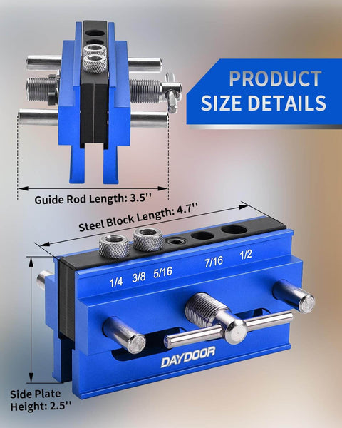 Heavy Duty 2.1 Inch Self Centering Dowel Jig Kit With Universal Capacity Doweling Jig And Drill Guide, product dimensions shown