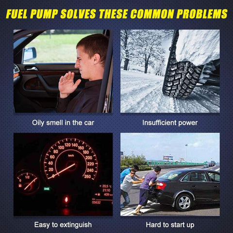 Image showing common car issues like oily smell, insufficient power, dashboard warning lights, and hard start-up attributed to fuel pump.