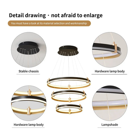 Close-up details of Dope Modern LED Chandelier Pendant Light showing stable chassis, hardware body, and lampshade components.