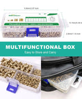 500 Pieces Heat Set Threaded Inserts Kit With Brass Knurled Nuts M2 M3 M4 M5 in plastic storage box, shown in open view