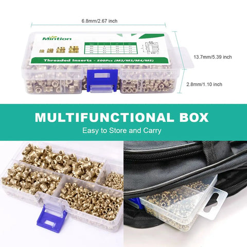 500 Pieces Heat Set Threaded Inserts Kit With Brass Knurled Nuts M2 M3 M4 M5 in plastic storage box, shown in open view