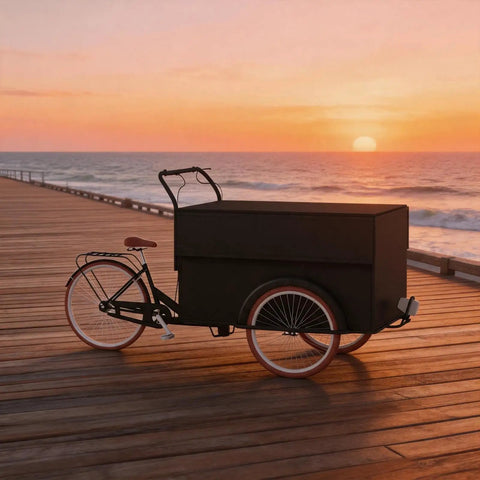 Kickstart Your Curbside Hustle With This Heavy Duty Outdoor Coffee Cart Featuring A Wide Canopy Sun Shade And Smooth Rolling Wheels For Mobile Vending Or Pop Up Market Sales, on a wooden pier at sunset.