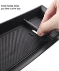 Close-up of Mazda CX5 Center Console Tray Insert Organizer Armrest Storage Box with handle and anti-slip rubber mat.