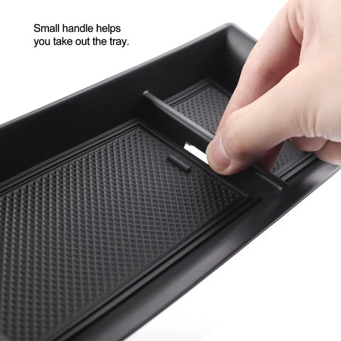 Close-up of Mazda CX5 Center Console Tray Insert Organizer Armrest Storage Box with handle and anti-slip rubber mat.