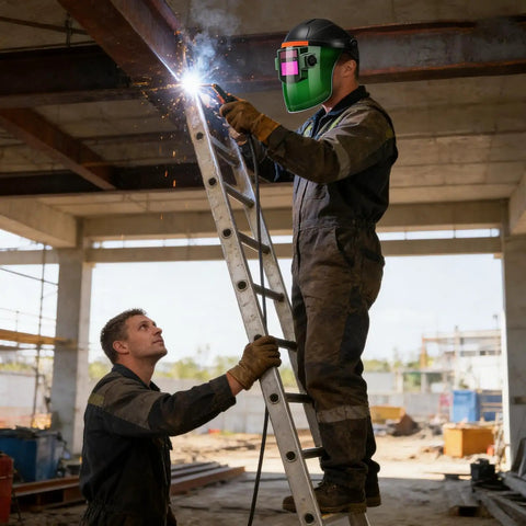 Worker using auto darkening welding helmet with air system and true color viewing shield for industrial metalworking safety.