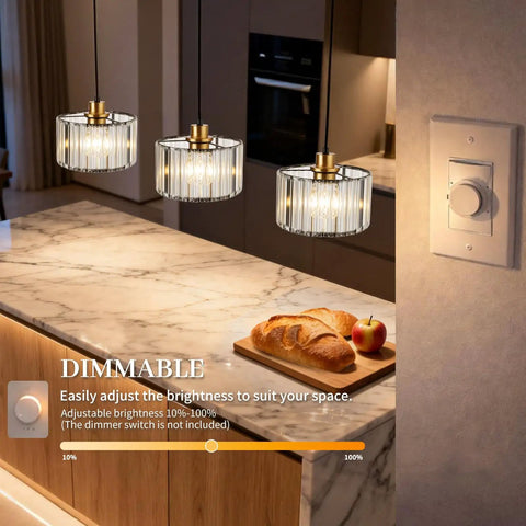 Total Glow Up Modern Crystal Pendant Lights For Kitchen Island In Sleek Black And Gold Height Adjustable Hanging Chandelier For Dining Room Decor above marble countertop.