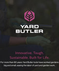 Person using Yard Butler weeder tool in garden, showcasing tool durability and brand logo.