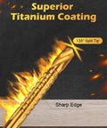 Close-up of a Titanium Coated HSS Twist Drill Bits Set, 8 Piece Hex Shank with flames, highlighting 135° split tip and sharp edge