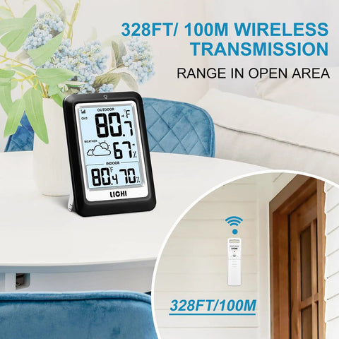 Indoor Outdoor Wireless Weather Station With Real Time Indoor And Outdoor Thermometer And Hygrometer, Battery Operated Temperature Humidity Monitor, Backlit Display on table and wall installation