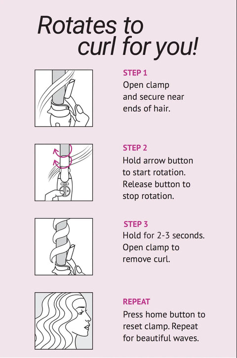 Rotating Curling Iron With 1.25 Inch Ceramic Barrel And Auto Spinning Wand steps for beachy waves.