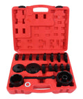 Open red carrying case of Front Wheel Drive Bearing Adapters Puller Set 23 Piece Replacement Wheel Bearing Removal Tool Bushing Driver Kit