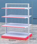 Double Sided Four Tier Retail Display Rack Heavy Duty Commercial Steel Shelving Unit Space Saving Store Fixture Built Tough For Shop Floors Ready To Roll Hassle Free Setup In Sleek White Forty Seven Inches Tall Pack Of Five, showing 4 tiers.