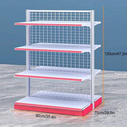 Double Sided Four Tier Retail Display Rack Heavy Duty Commercial Steel Shelving Unit Space Saving Store Fixture Built Tough For Shop Floors Ready To Roll Hassle Free Setup In Sleek White Forty Seven Inches Tall Pack Of Five, showing 4 tiers.