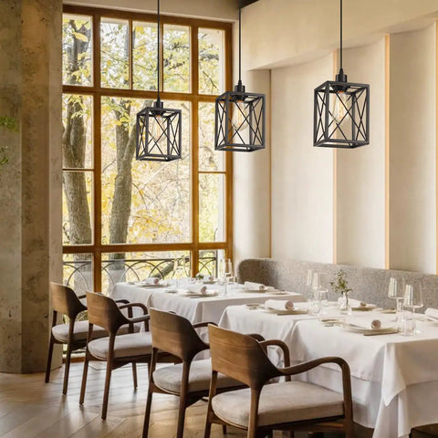 Sleek Black Square Pendant Light With Adjustable Cord Modern Nordic Ceiling Fixture For Kitchen Island above dining table setting.