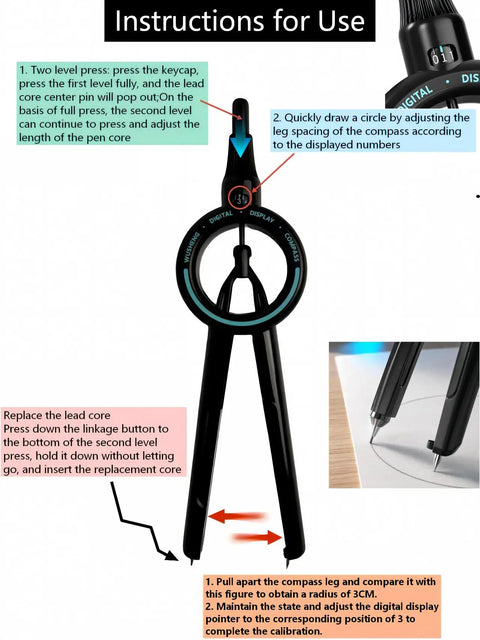 Instructions for using Digital Radius Compass Draw Tool With 0.5mm Lead For Precise Circles Drafting And Geometry No Slip Grip And Real Time Radius Display