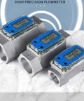 Liquid Flow Meter Turbine Sensor With LCD Display For Diesel Fuel Urea Water 1 Inch To 3 Inch Inline Flow Meter Battery Operated Not Included High Accuracy One Percent Ideal For Industrial Auto Diy Projects Workhorse showing three sizes on marble surface.