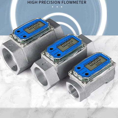 Liquid Flow Meter Turbine Sensor With LCD Display For Diesel Fuel Urea Water 1 Inch To 3 Inch Inline Flow Meter Battery Operated Not Included High Accuracy One Percent Ideal For Industrial Auto Diy Projects Workhorse showing three sizes on marble surface.