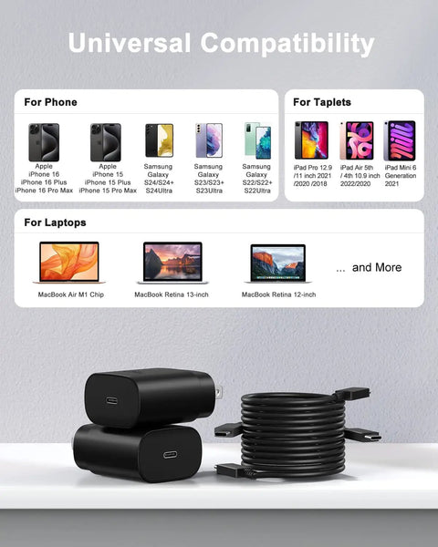 25W USB C Fast Charger Block with 2 pack long USB C cables 10 ft and 6 ft, compatible with iPhone 15-17 Air Plus Pro Max, Galaxy S25 S24 Ultra PD 3.0