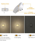 Ultra Bright 120LM Plug In Motion Sensor Night Light With Stepless Dimming Always On And Auto Off Modes No Fuss Warm White LED Nightlight For Hallways Stairs Bathroom Bedroom Garage 6 Pack showing auto, on, and off modes