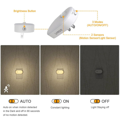 Ultra Bright 120LM Plug In Motion Sensor Night Light With Stepless Dimming Always On And Auto Off Modes No Fuss Warm White LED Nightlight For Hallways Stairs Bathroom Bedroom Garage 6 Pack showing auto, on, and off modes