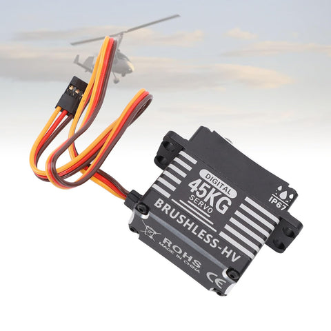 Hardcore Brushless Servo Featuring Heavy Duty Metal Gears And Aluminum Body 45Kg Torque No Sweat Performance Compact Fit For Rc Cars Trucks And Off Road Rigs, showing digital servo with wires.